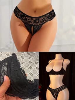 Luxe 2-Delige Kanten Lingerie Set Zwart – Open Cup 1/4 Push-up Beugel BH & Open Kruis String - Erotische Lingerie Maat S/M — thumbnail 4