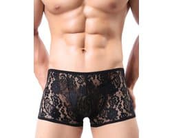Zwarte Kanten Boxershort voor Mannen – Sexy Lange Pijpen Boxershort met Transparant Kant - Maat L - Black Transparent Lace Boxer Shorts for Men