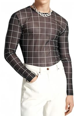 Lange Mouwen Gedrukt Mesh T-shirt voor Mannen - Sexy Transparant Crew Neck, Slim Fit, Ideaal voor Avonden, Rave, Disco en Clubwear — thumbnail 1