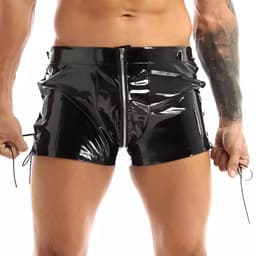 Korte porno broek mannen - Latex wetlook - Open pijpen met touw - Open kruis functie - Short — thumbnail 1