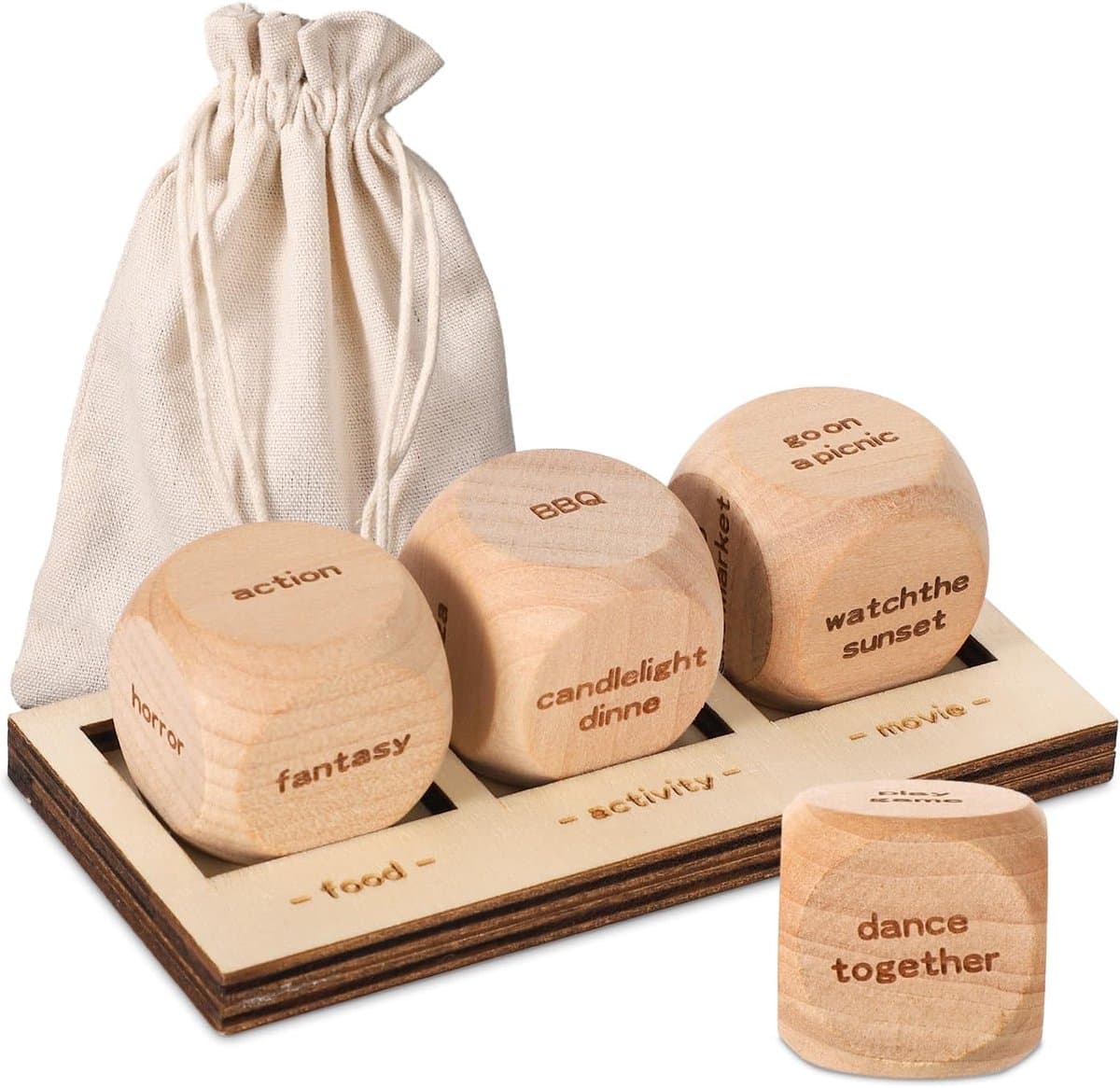 Datum Dobbelstenen - Romantisch Spel - Date Night Ideeën - Met Houten Dienblad - 3 cm Dobbelstenen — afbeelding 1