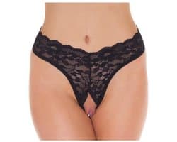 Amorable - G-String met Kanten Ruches - Open Kruis - One Size - Zwart