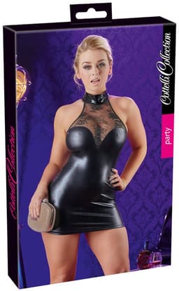 Cottelli Collection – Wetlook Mini Jurk met Kanten Bovenstuk en Knoop Hals voor een Sensuele Mix van Spanning en Comfort – Maat S - Zwart — thumbnail 5