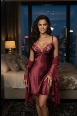 Korte Satijnen Nachtjurk met Tule Kimono – Luxe Dames Lingerie Set - Dark Red — thumbnail 3