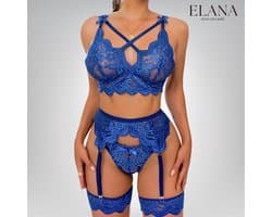 Elana Sorina – Luxe Kant Lingerie Set met Bh, String & Jarretels – Verleidelijke Dames Lingerie – XL – Blauw
