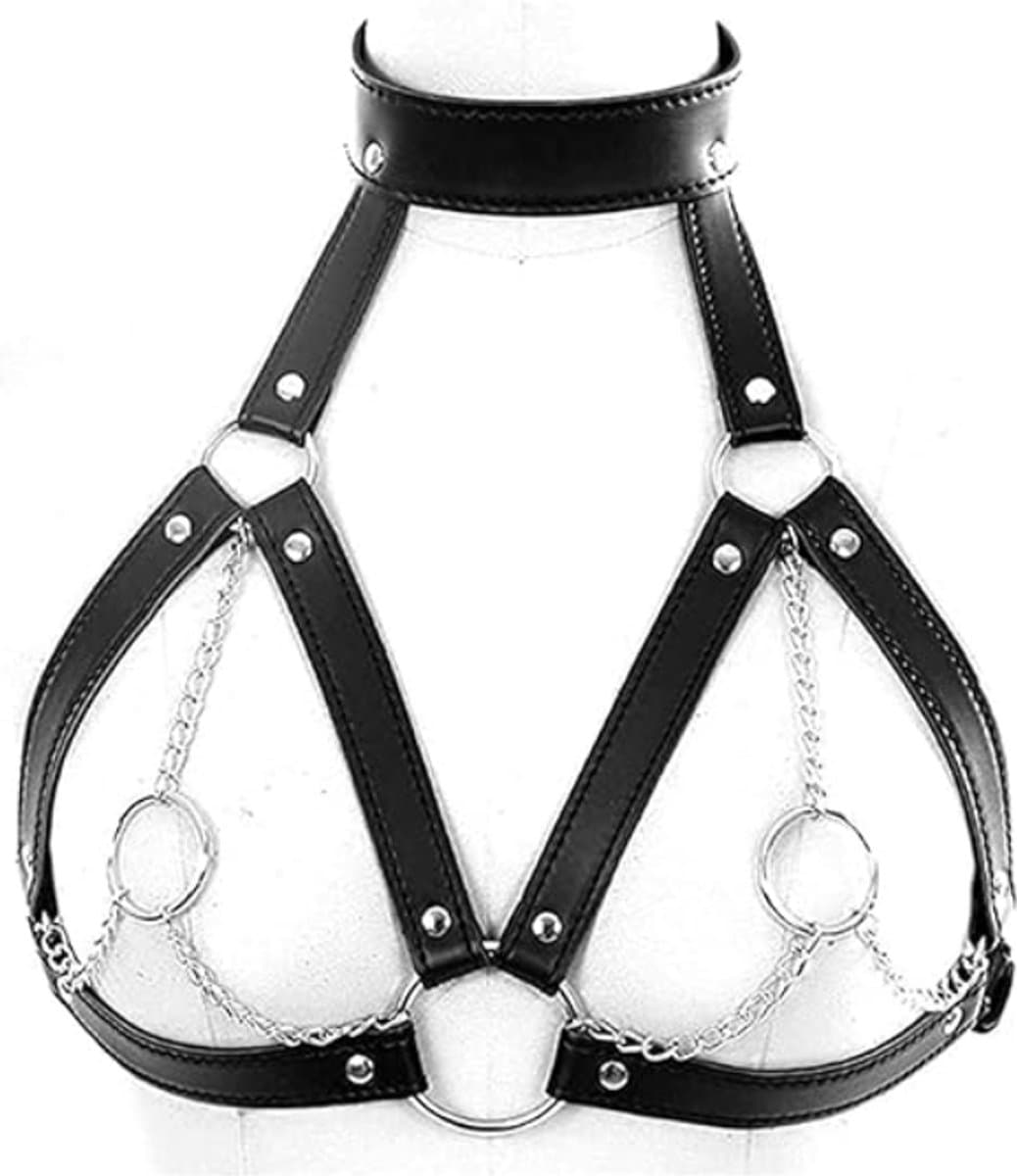 Daity – Women's Faux Leather Harness Punk Gothic Metal Chain Tassel Body Caged Lock Bra Strap – BDSM Extreme voor Mannen en Vrouwen – Bondage – Sex Toys Koppels – Zwart — afbeelding 1