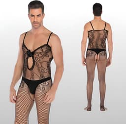Heren Bodystocking Met Kant & Strik Design - Sexy Herenlingerie - One Size S-XL (46-52) | LS116 — thumbnail 1
