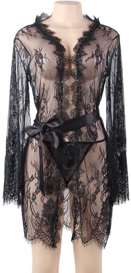 Sexy Lingerie - Elegante Erotische babydoll - Kimono - met lange mouw van Kant met bijpassende String - Sexy Teddy - Erotiek - Valentijnsdag Cadeau Voor Hem & Haar - Zwart - Maat XL-2XL — thumbnail 4
