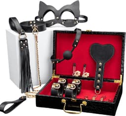 BDSM Luxe koffer - BDSM Reisset - leren koffer - Spankplank - Handboeien - Halsband met Riem - cat mask - Ball Gag - zweep - luxe koffer - goud - zwart — thumbnail 1
