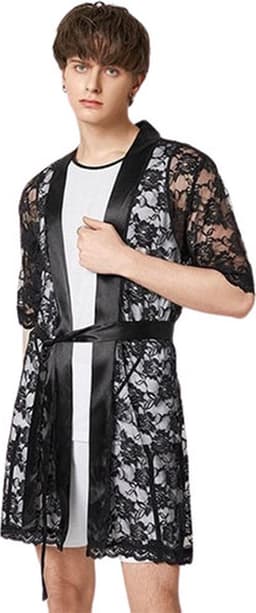 Doorschijnende zwarte badjas Heren Lingerie - Luxe sexy nachtjapon - Slaap kleding - Met riem - Badjas — thumbnail 1