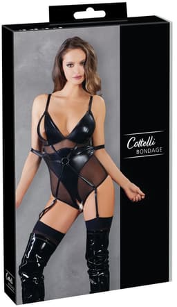 Cottelli Collection – Bondage Jarretel Body Wetlook met Elleboog Riemen en Tepel Sluiting – Maat XL – Zwart — thumbnail 16