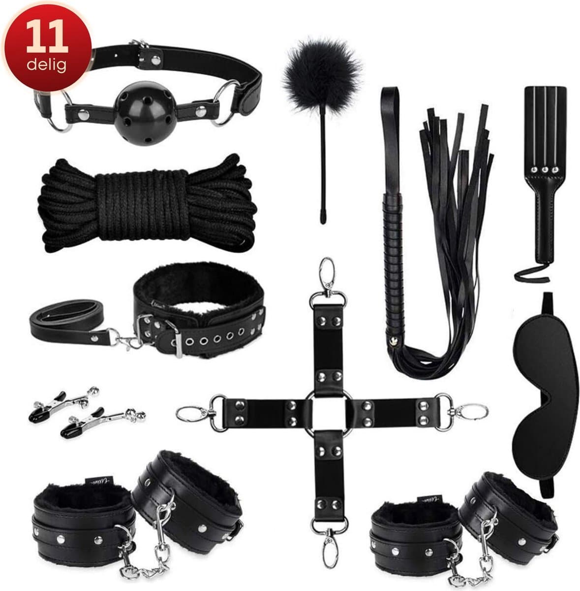Quick Relief Tease Set™ - Bondage Set voor Mannen & Vrouwen - 11 Delig - Seksspeeltjes met Handboeien - Enkelboeien, Gag, Blinddoek, Zweepje - Sex Toys Koppels — afbeelding 1