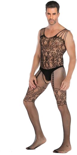 LekkerStout Heren Bodystocking - Zwart - Kant & Jarretel Look - Open Kruis - One Size M-XL | LS089 — thumbnail 2