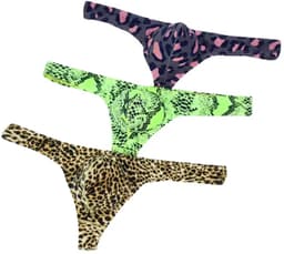 LekkerStout Heren Strings 3-Pack - Luipaard, Camouflage & Neon Snake Print - Sexy Herenondergoed | XL | ( LS103 ) — thumbnail 3