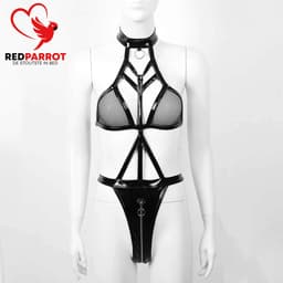 Erotische Uitgeholde Bodysuit - Jumpsuit - Lingerie - Wetlook - Zwart - Rits — thumbnail 5