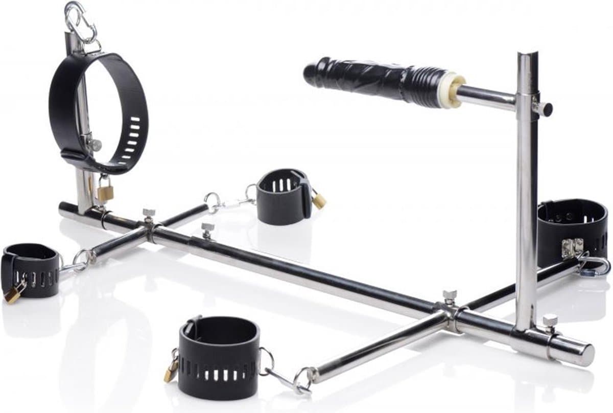 Imprisoned Bondagerek Met Dildo - BDSM set- Bondage set- BDSM Toy set 6 delig- Luxe Sex Speeltjes Kit Met handboeien, enkelboeien, oog masker en kietelaar- SM – Zwart — afbeelding 1