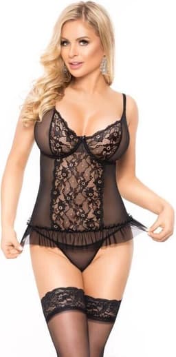 Softline - Capri - Dames Lingerie - Kanten Korset met String - Super Strakke Doorschijnende Chemise - Sexy Kanten Lingerie Set met Bloemen - Uitdagende Bodystocking - Erotisch Setje - Zwart - S — thumbnail 2