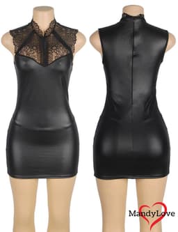 Strakke zwarte sexy jurk met kanten details - maat 36/38 - korte bodycon jurk - wetlook mini-jurk - latex look - clubjurk - clubwear dames — thumbnail 6