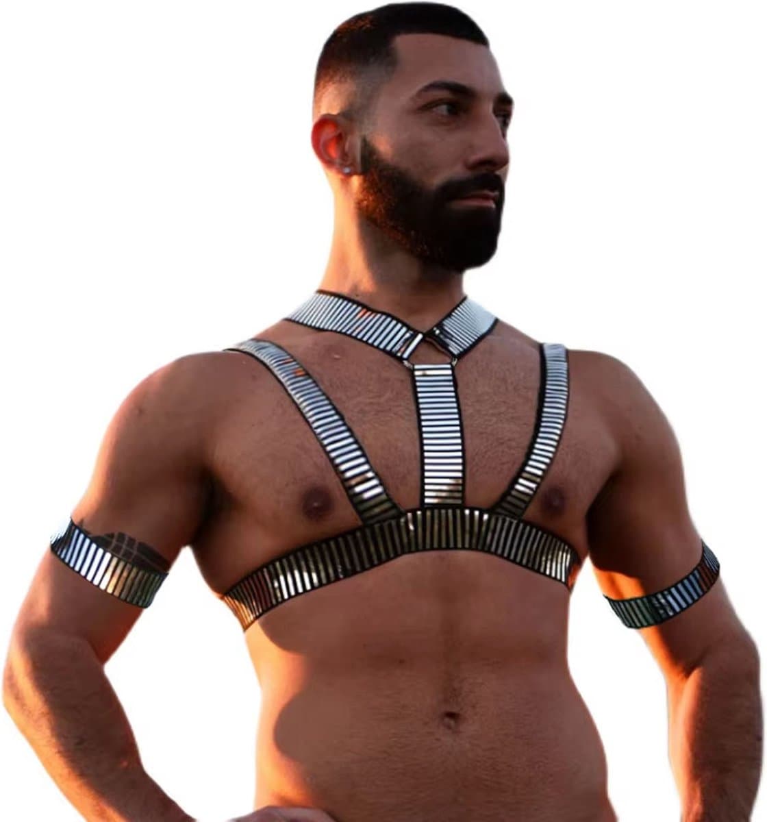 Sexy Heren Harnas met Zilveren Details – Borst - Bondage Lingerie - Mannen - One Size - Feest — afbeelding 1