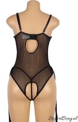 Zwarte wetlook bodysuit met open kruis en handboeien | Maat 44/46 | Sexy Lingerie Set — thumbnail 9