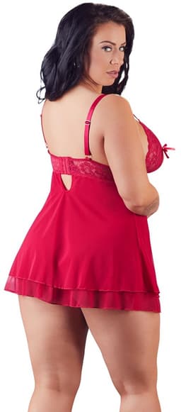 Cottelli Plus Size – Erotische Babydoll met Kanten Buste Motieven en Open Cups – Maat 2XL – Rood — thumbnail 2