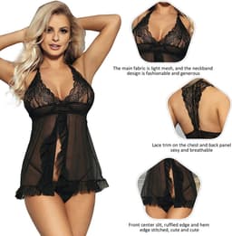 Sexy Lingerie - Erotische Elegante Babydoll Transparant met Kant - Openvallend met bijpassende String - Sexy Teddy - Erotiek - Valentijnsdag Cadeau Voor Hem & Haar - Zwart - Maat XL- XXL — thumbnail 4