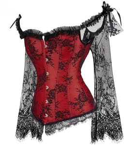 Corset Dames Rood Zwart Kant – Lange Mouwen Sexy — thumbnail 4
