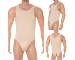 Open Billen Bodysuit Heren - Lingerie - Gay - Beige - Shirt - Anus