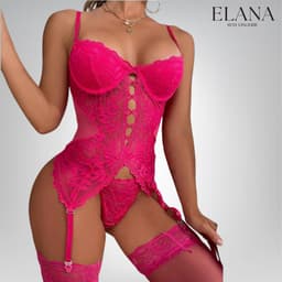 Elana – Amara – Verleidelijke Kanten Bustier Set met Kousen en Slip – Sexy Dames Lingerie – Roze - M — thumbnail 1