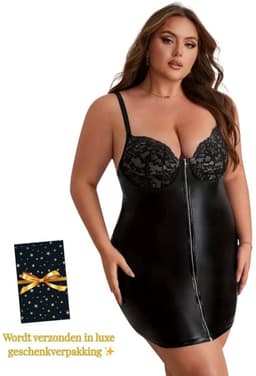 Plus Size – Leatherlook & Kant Sexy Jurkje – Lingerie Erotisch – Lingerie Sexy Setje – Luxe Sensuele Lingerieset – Leren PU Lingerie Jurkje – Wetlook/Latex – Verleidelijk & Mysterieus – Inclusief string – Kinky – BDSM – Maat S, M, L, XL, XXL — thumbnail 7