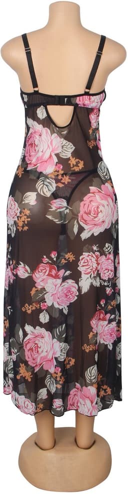 Zeloria Sexy Mesh Nachtjurk met Bloemenprint en Split – Transparante Lingerie Jurk met Kant en Slip – Verleidelijke Nightgown Dames – S — thumbnail 18