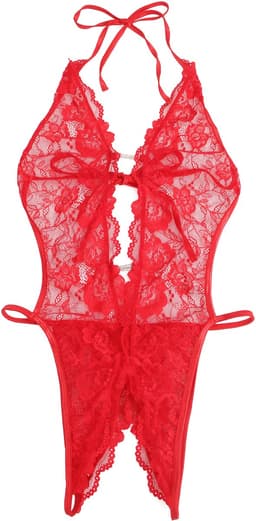 Sexy Lingerie - Erotische Rode Glamour Body Kant met Decolleté - Stras steentjes - Open Kruis - Sexy Teddy - Erotiek - Valentijnsdag - Kleur Rood - Maat XS-S — thumbnail 6