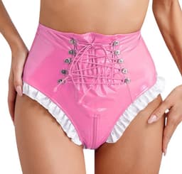 BamBella® Slip Onderbroek - Maat L/XL - Erotische Sexy BDSM Lingerie Dames - Roze rits ondergoed Datex mix latex en stof wetlook open kruis — thumbnail 2