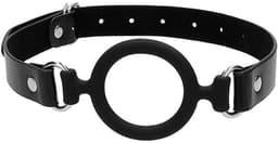 Silicone Ring Gag - With Leather Straps - Black — thumbnail 5