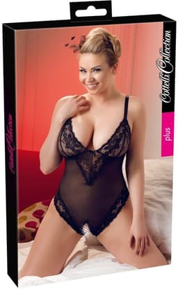 Cottelli Plus Size – Sexy Body met Open Kruis en Kanten Motieven Langs Randen voor Speciale Dates – Maat XL – Zwart — thumbnail 3
