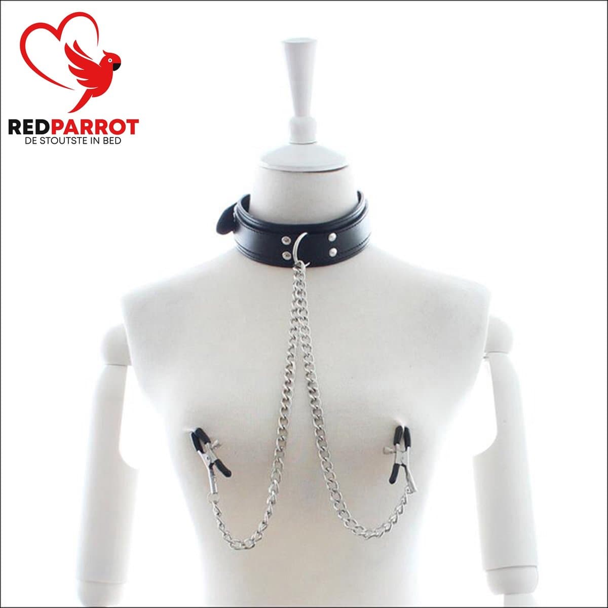 BDSM Halsband met tepelklemmen - Ketting - Choker - Leder - RVS - Verstelbaar — afbeelding 1