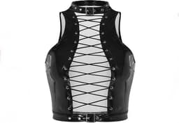 Erotische top open hollow out - PU Leder BDSM - Latex Wetlook kleren - Open borst met veters - Halsband sluiting - Sexy vrouwen kleding - RedParrot — thumbnail 3