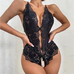 Erotische Body I Lingerie Body Kostuum I Sexy Erotisch Ondergoed I Open Kruis I Gebloemde Kant Patroon I Maat L Zwart — thumbnail 2