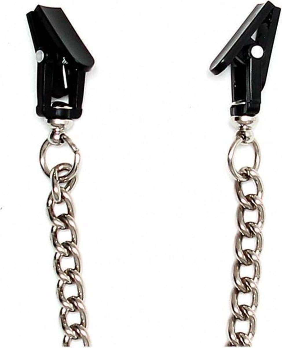 Rimba Bondage Play - Tepelklemmen Met Tandjes en Ketting - Zwart Plastic — afbeelding 1
