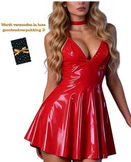 Latex Wetlook Sexy Jurkje – Lingerie Erotisch – Rood – Lingerie Setje – Luxe Lingerieset – Leren PU Lingerie Jurkje – Leatherlook – Verleidelijk & Mysterieus – Inclusief Chocker – Kinky – BDSM – Festival Outfit – Clubwear – Wasteland – S, M, L, XL — thumbnail 1