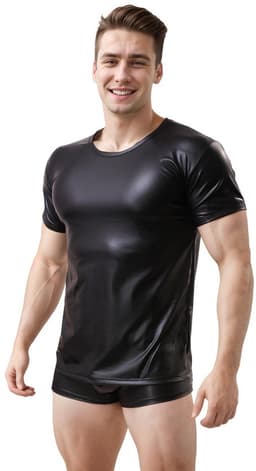 Glanzend wetlook shirt heren – maat M – strakke fetish clubwear kleding – korte mouw t-shirt voor mannen — thumbnail 3