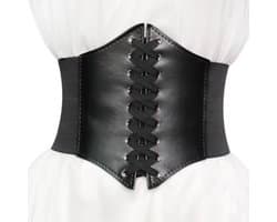 Sexy Vrouwen Corset - Elastisch - Body Shapewear - Kunst Lederen Korset met Veters - Hoge Taille Design - Dames Korset - Zwart - One Size