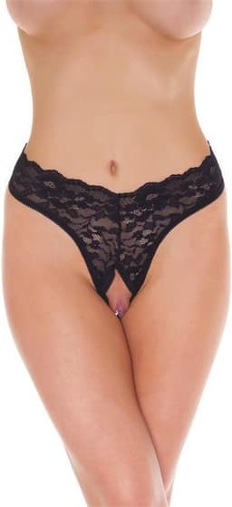 Amorable - G-String met Kanten Ruches - Open Kruis - One Size - Zwart — thumbnail 2