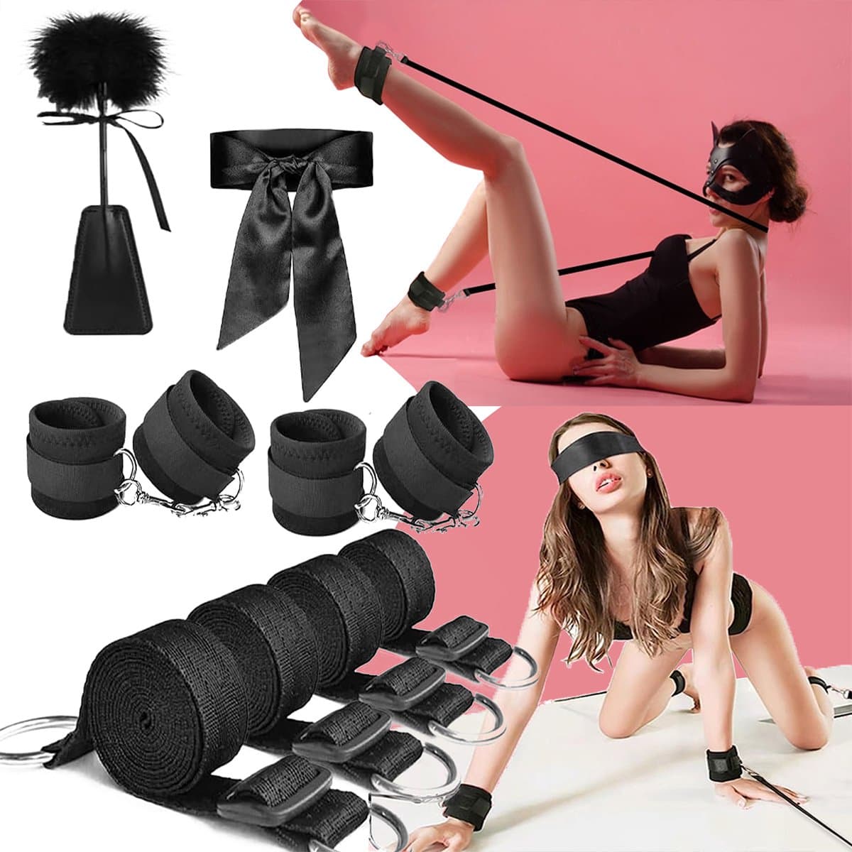 Vitdipy - Bondage Set - Handboeien en Enkelboeien - BDSM - Sex Toys voor Koppels - Verstelbare - Oogmasker - Bed - Vastbinden - Zwart — afbeelding 1