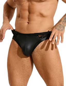 Sexy heren slips van leer en kant - maat L/XL - BDSM - black sexy leather lace men underwear - clubwear heren latex ondergoed erotiek mannen — thumbnail 2