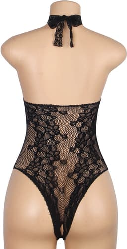 Sexy Lingerie - Erotische Zwarte Glamour - Strapless Halter Bodystocking van Kant - Open kruis - Sexy Teddy - Kanten Body - Erotiek - Valentijnsdag - Kleur Zwart - Maat 3XL-4XL — thumbnail 4