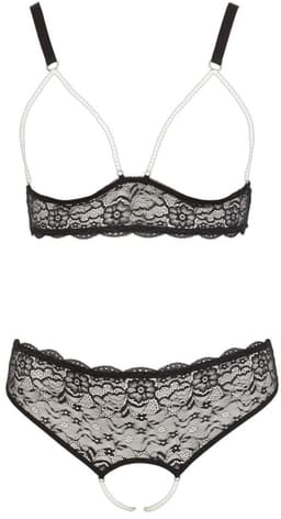 Cottelli Plus Size –  Lingerie Set van Kant Open Kruis en Borsten met Parelbanden – Maat XL – Zwart — thumbnail 2