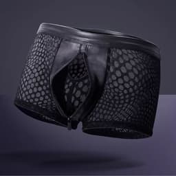 Zwarte Low Rise Heren Boxer met Rits – Ademend Mesh & PU-Leren Front – Sexy Stretch Ondergoed voor Mannen- Maat XL — thumbnail 3