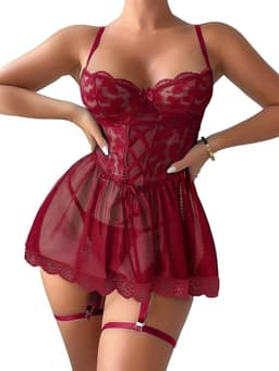 Elegante Babydoll Lingerie met Kant en Jarretelbanden – Dames Nachtmode — thumbnail 1