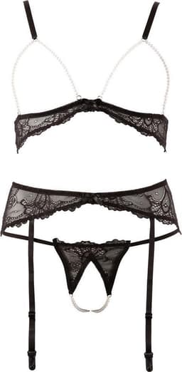 Abierta Fina –  Open lingerie set met parel afwerking – Maat XL - Zwart — thumbnail 7